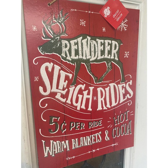 Reindeer Sleigh Ride Wood Sign Farmhouse Wall Decor Door Hanger Wreath Sign - Picture 2 of 3